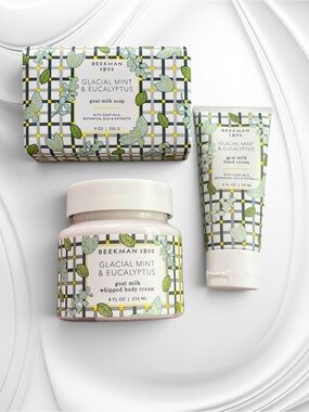 3 pc Beekman 1802 Glacial Mint & Eucalyptus Goat Milk Soap & Hand Body Cr NEW !!
